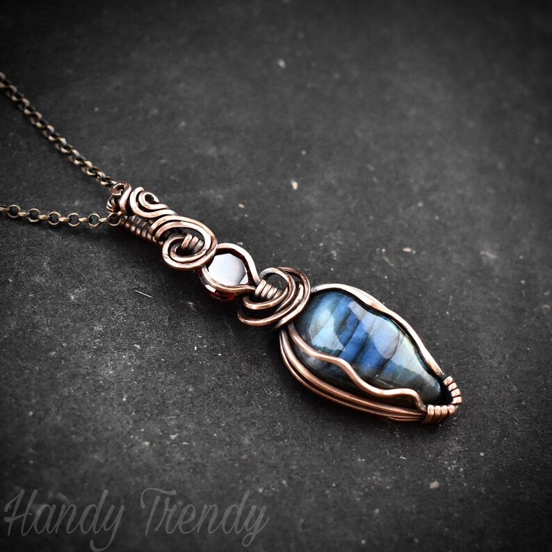 Blue labradorite and red cubic zirconia pendant, Copper Wire wrap jewelry, Unique handmade gift, Statement artisan boho necklace