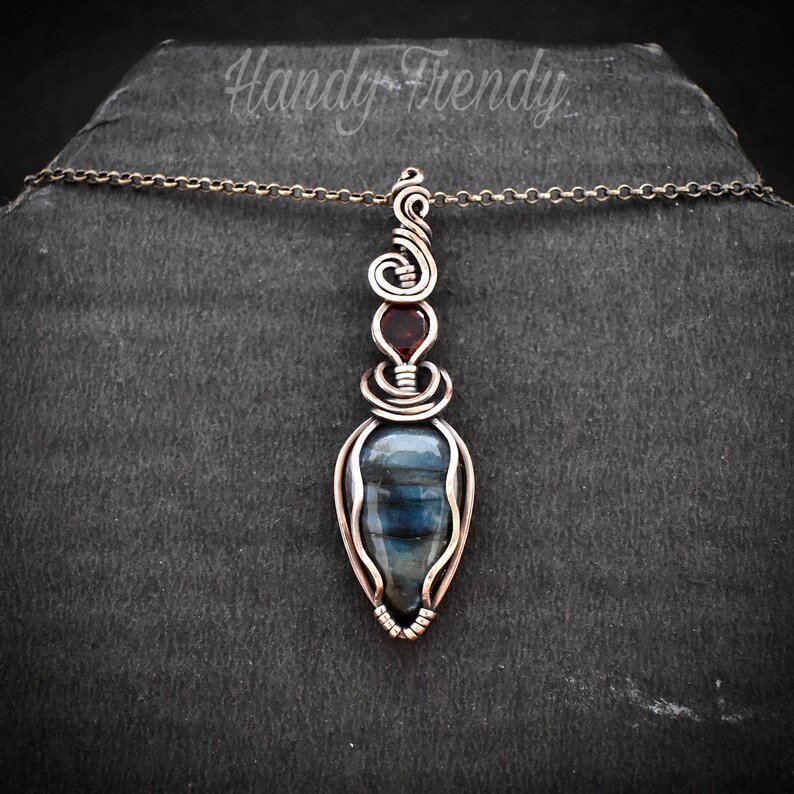 Blue labradorite and red cubic zirconia pendant, Copper Wire wrap jewelry, Unique handmade gift, Statement artisan boho necklace