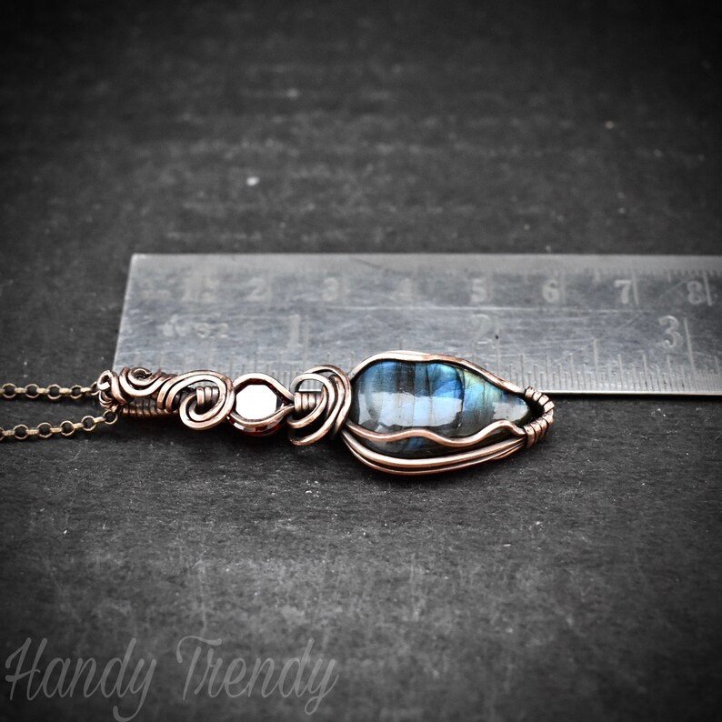 Blue labradorite and red cubic zirconia pendant, Copper Wire wrap jewelry, Unique handmade gift, Statement artisan boho necklace