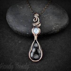 Black fossil coral and white moonstone pendant, Copper Wire wrapped jewelry, Unique handmade gift, Artisan boho necklace