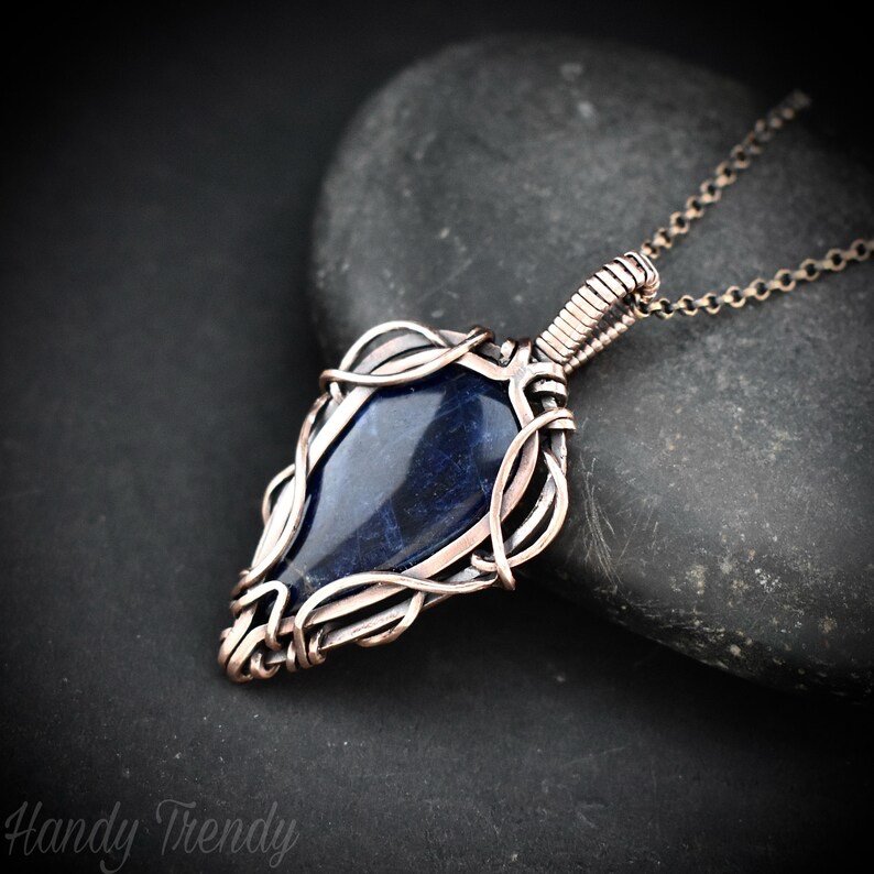 Sodalite pendant, Free flow copper wire wrapped necklace, Unique handmade gift, One of a kind jewelry, Artisan boho jewelry