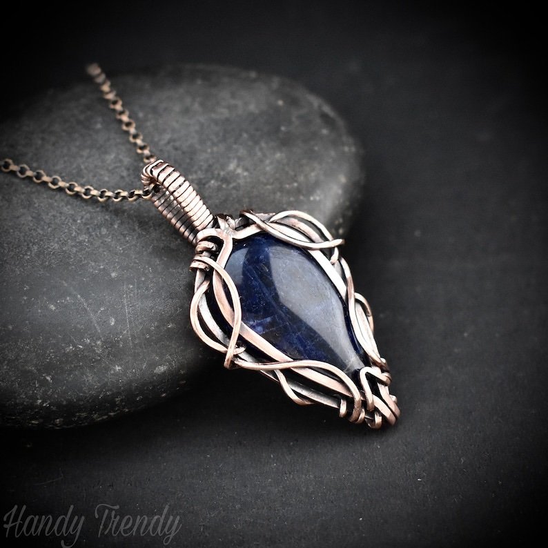 Sodalite pendant, Free flow copper wire wrapped necklace, Unique handmade gift, One of a kind jewelry, Artisan boho jewelry