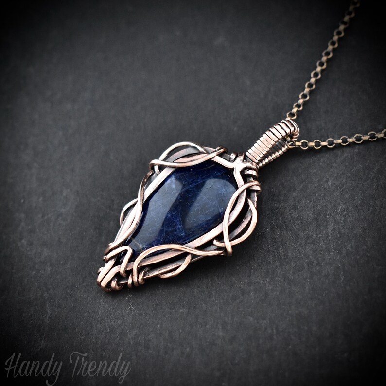 Sodalite pendant, Free flow copper wire wrapped necklace, Unique handmade gift, One of a kind jewelry, Artisan boho jewelry