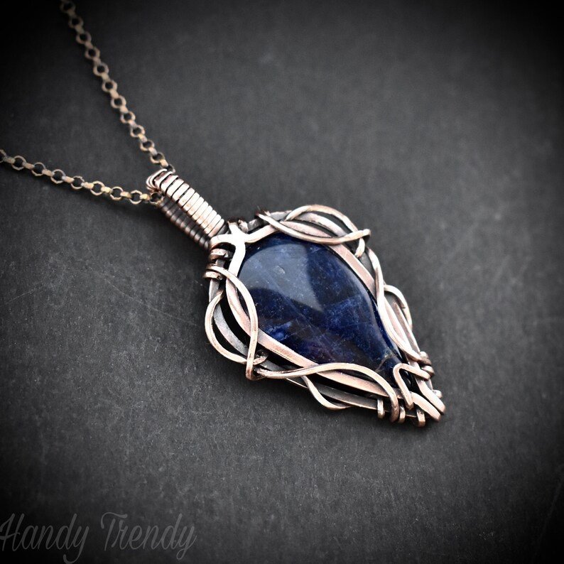 Sodalite pendant, Free flow copper wire wrapped necklace, Unique handmade gift, One of a kind jewelry, Artisan boho jewelry