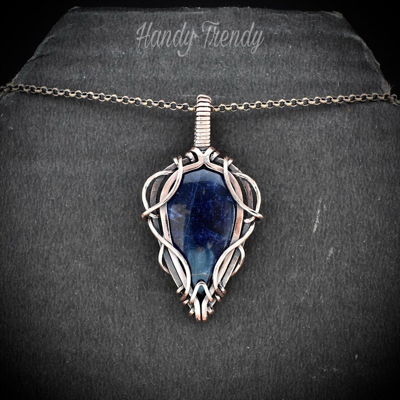 Sodalite pendant, Free flow copper wire wrapped necklace, Unique handmade gift, One of a kind jewelry, Artisan boho jewelry