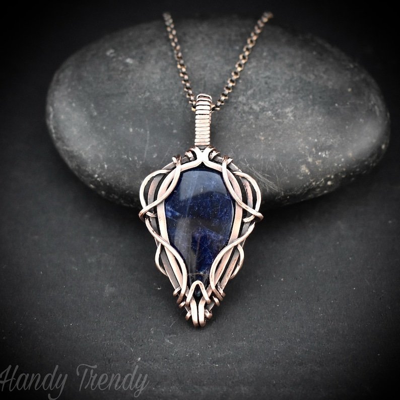 Sodalite pendant, Free flow copper wire wrapped necklace, Unique handmade gift, One of a kind jewelry, Artisan boho jewelry