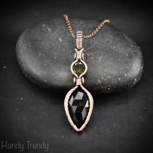Black onyx and green cubic zirconia pendant, Free-Flow copper wire wrapped necklace, Unique handmade gift, One of a kind pendant