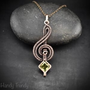 Treble clef pendant, Green cubic zirconia necklace, Copper Wire wrapped jewelry, Unique handmade gift, Music note, One of a kind piece