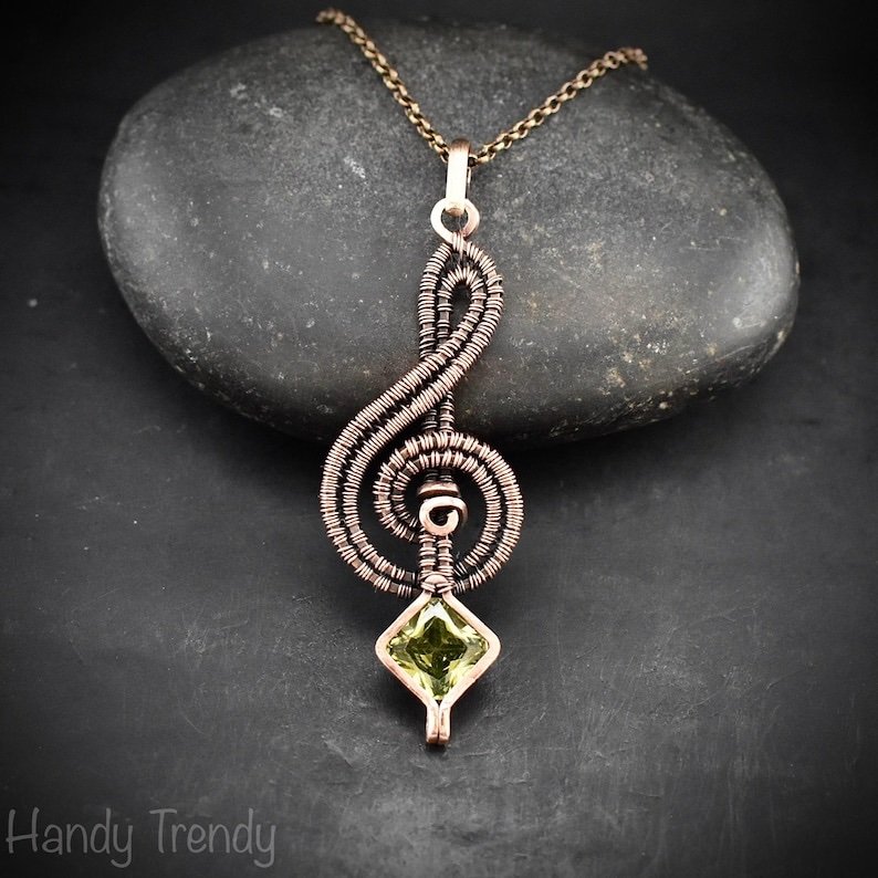 Treble clef pendant, Green cubic zirconia necklace, Copper Wire wrapped jewelry, Unique handmade gift, Music note, One of a kind piece