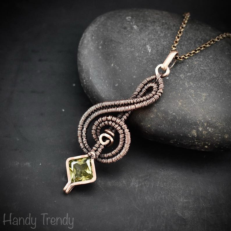 Treble clef pendant, Green cubic zirconia necklace, Copper Wire wrapped jewelry, Unique handmade gift, Music note, One of a kind piece