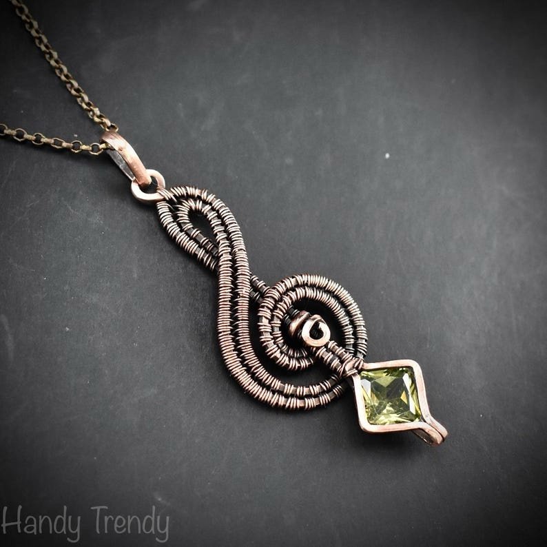 Treble clef pendant, Green cubic zirconia necklace, Copper Wire wrapped jewelry, Unique handmade gift, Music note, One of a kind piece