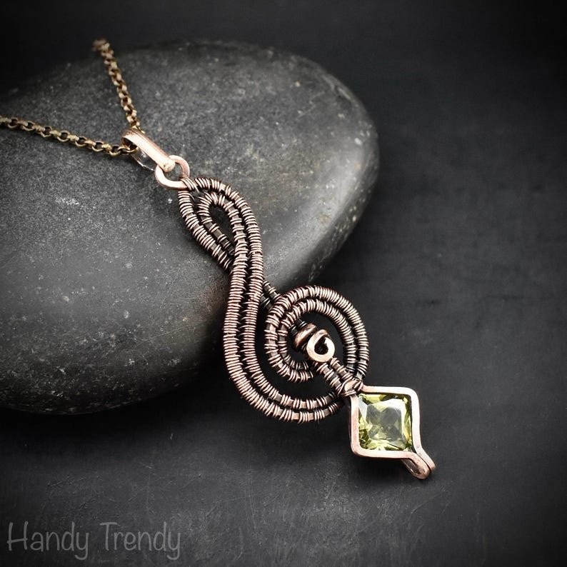 Treble clef pendant, Green cubic zirconia necklace, Copper Wire wrapped jewelry, Unique handmade gift, Music note, One of a kind piece