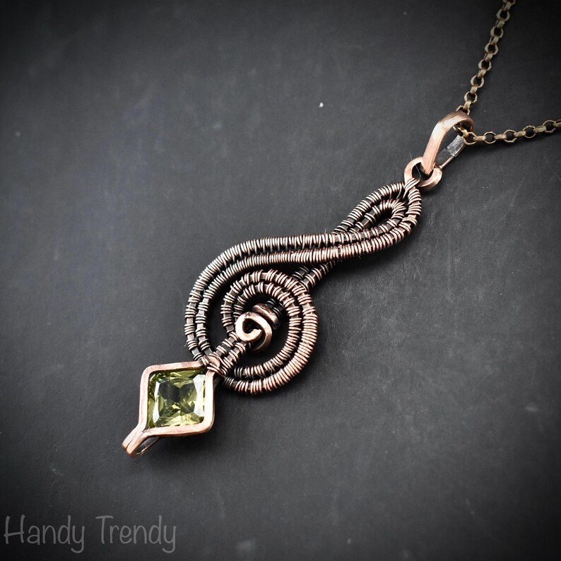 Treble clef pendant, Green cubic zirconia necklace, Copper Wire wrapped jewelry, Unique handmade gift, Music note, One of a kind piece
