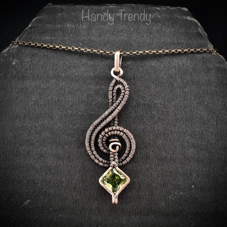 Treble clef pendant, Green cubic zirconia necklace, Copper Wire wrapped jewelry, Unique handmade gift, Music note, One of a kind piece