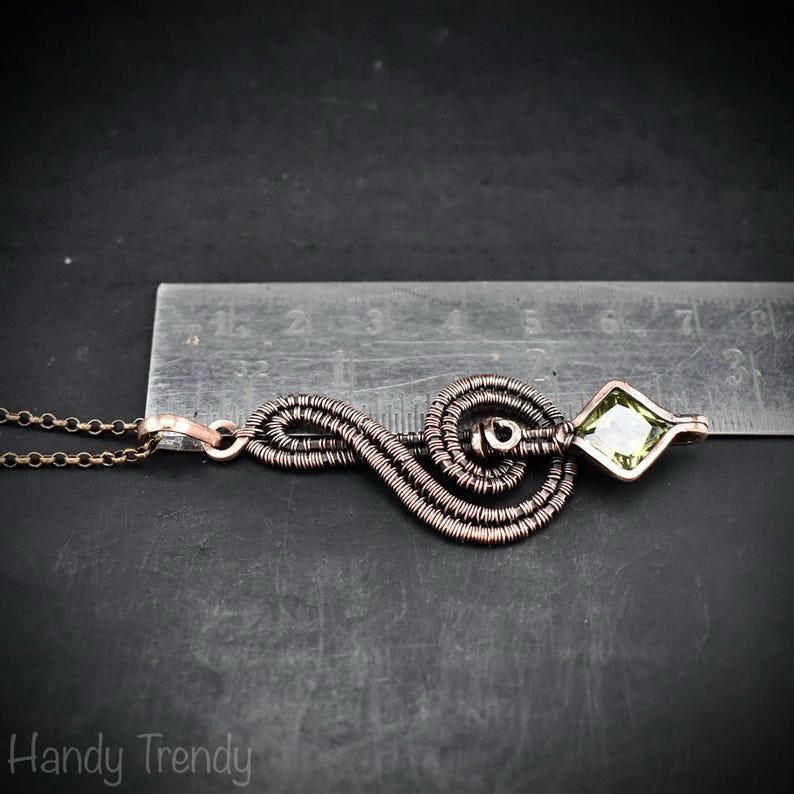 Treble clef pendant, Green cubic zirconia necklace, Copper Wire wrapped jewelry, Unique handmade gift, Music note, One of a kind piece