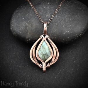 Green labradorite pendant, Free flow copper Wire wrapped necklace, Unique handmade gift, One of a kind jewelry, Celtic necklace