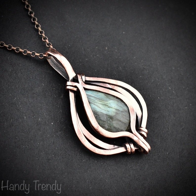 Green labradorite pendant, Free flow copper Wire wrapped necklace, Unique handmade gift, One of a kind jewelry, Celtic necklace