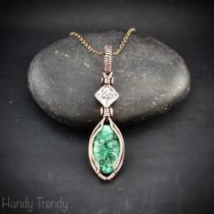Malachite stone and white cubic zirconia pendant, Copper wire wrapped necklace, Unique handmade gift, One of a kind pendant