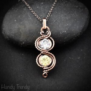 White and green cubic zirconia pendant, Free-flow Copper Wire wrapped necklace, Unique handmade gift, One of a kind jewelry