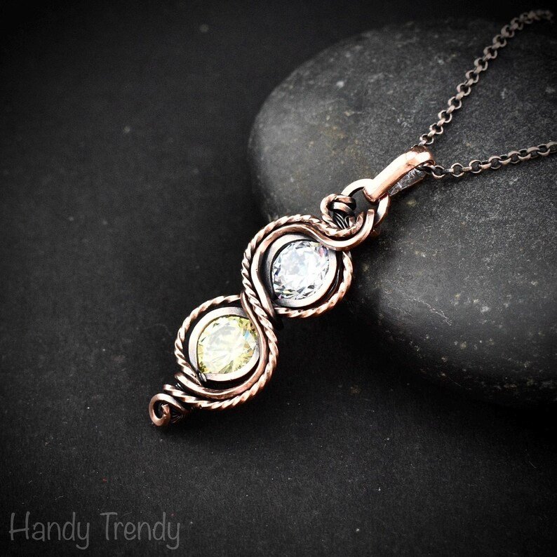 White and green cubic zirconia pendant, Free-flow Copper Wire wrapped necklace, Unique handmade gift, One of a kind jewelry
