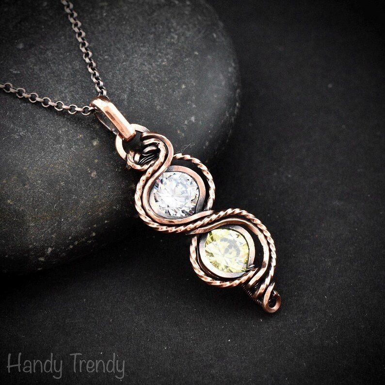 White and green cubic zirconia pendant, Free-flow Copper Wire wrapped necklace, Unique handmade gift, One of a kind jewelry