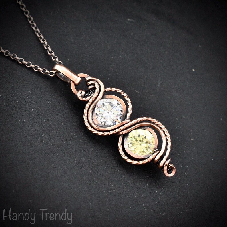 White and green cubic zirconia pendant, Free-flow Copper Wire wrapped necklace, Unique handmade gift, One of a kind jewelry