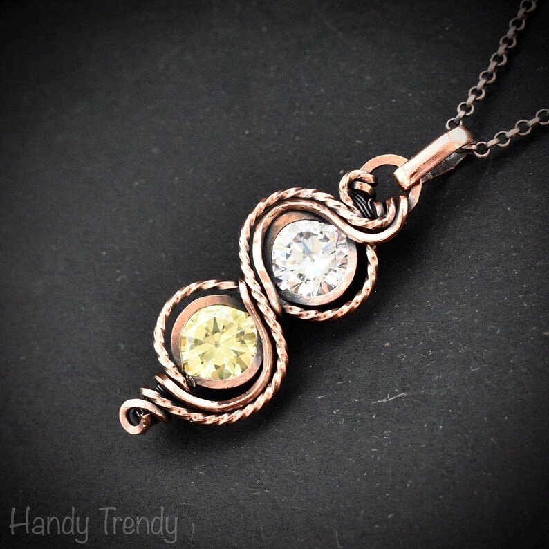 White and green cubic zirconia pendant, Free-flow Copper Wire wrapped necklace, Unique handmade gift, One of a kind jewelry