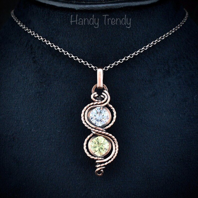 White and green cubic zirconia pendant, Free-flow Copper Wire wrapped necklace, Unique handmade gift, One of a kind jewelry