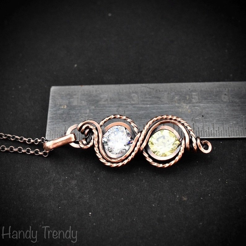 White and green cubic zirconia pendant, Free-flow Copper Wire wrapped necklace, Unique handmade gift, One of a kind jewelry