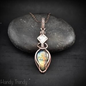 Multi flash labradorite and white cubic zirconia pendant, Copper Wire wrap jewelry, Unique handmade gift, One of a kind artisan necklace