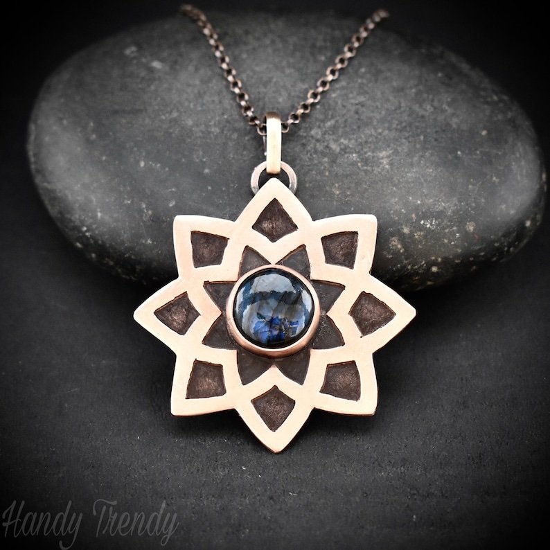 Mandala pendant, Blue labradorite and copper necklace, Unique handmade gift, Artisan boho jewelry, Flower pendant