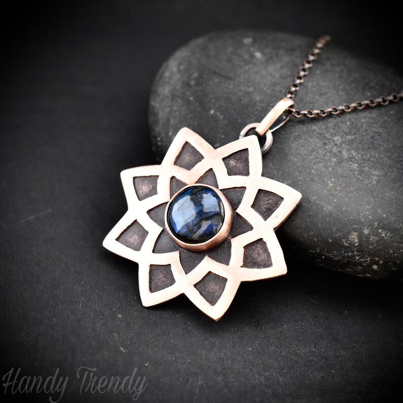 Mandala pendant, Blue labradorite and copper necklace, Unique handmade gift, Artisan boho jewelry, Flower pendant