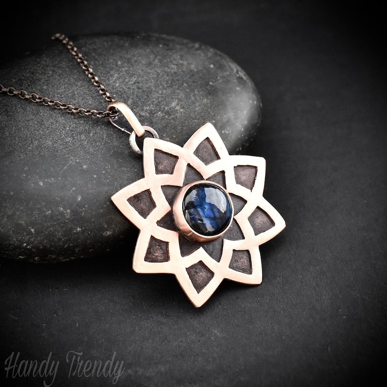 Mandala pendant, Blue labradorite and copper necklace, Unique handmade gift, Artisan boho jewelry, Flower pendant