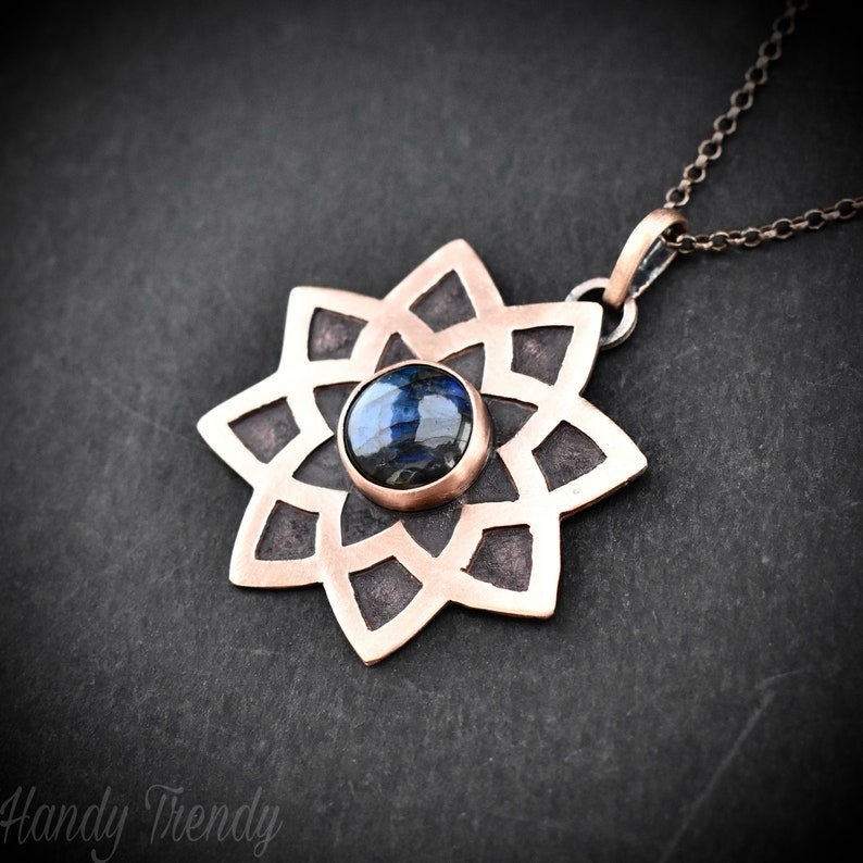 Mandala pendant, Blue labradorite and copper necklace, Unique handmade gift, Artisan boho jewelry, Flower pendant