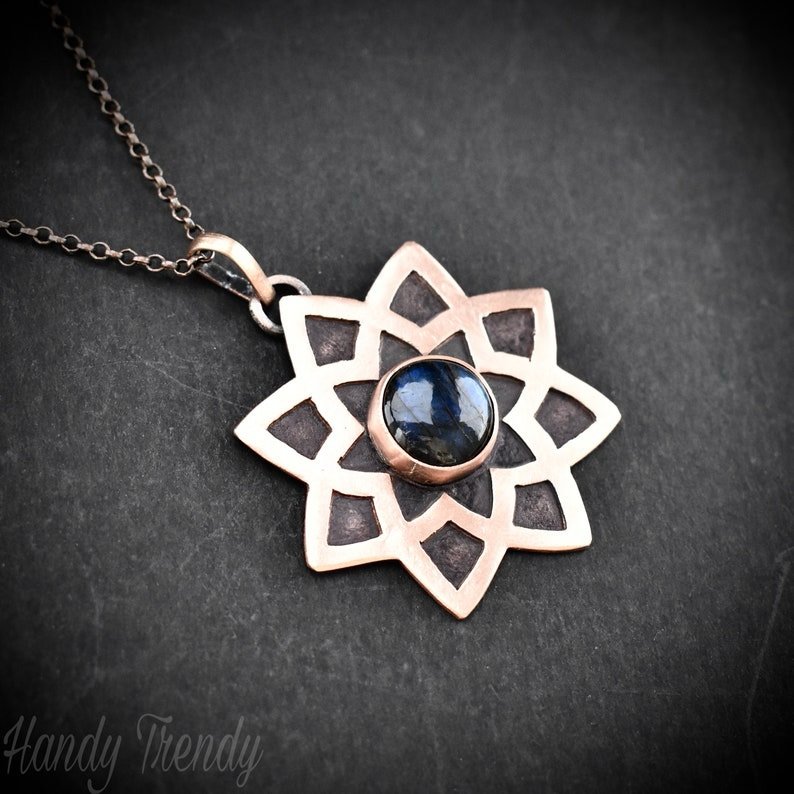 Mandala pendant, Blue labradorite and copper necklace, Unique handmade gift, Artisan boho jewelry, Flower pendant