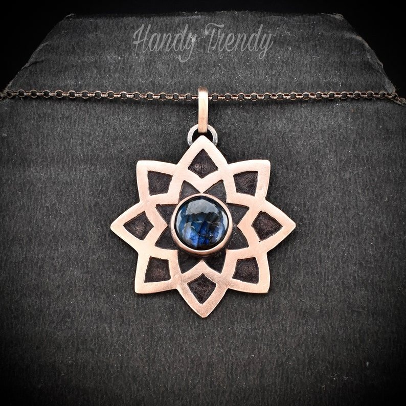 Mandala pendant, Blue labradorite and copper necklace, Unique handmade gift, Artisan boho jewelry, Flower pendant