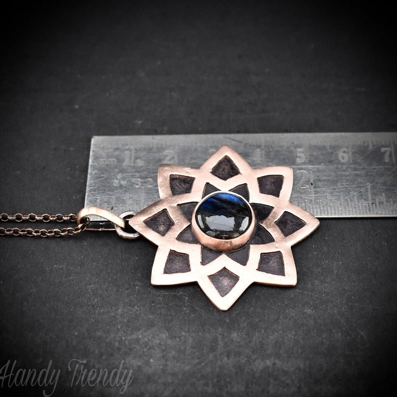 Mandala pendant, Blue labradorite and copper necklace, Unique handmade gift, Artisan boho jewelry, Flower pendant
