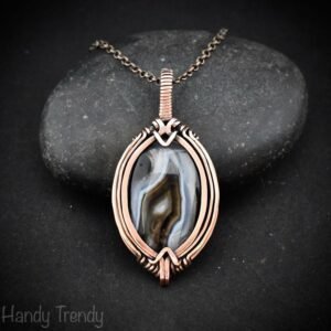 Black banded agate pendant, Copper wire wrap jewelry, Unique handmade gift, Artisan necklace, One of a kind piece