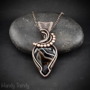 Black banded agate wave pendant, Copper wire wrap jewelry, Unique handmade gift, Artisan necklace, One of a kind piece
