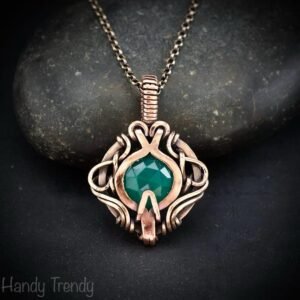 Green onyx pendant, Curly cage copper wire wrapped necklace, Unique handmade gift, One of a kind artisan boho jewelry
