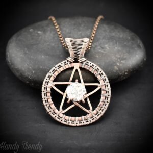 Pentagram star pendant, White cubic zirconia necklace, Copper wire wrapped jewelry, Celtic 5-pointed star necklace, Unique handmade gift