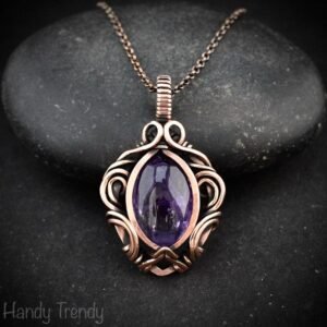 Amethyst pendant, Free flow copper wire wrapped necklace, Unique handmade gift, One of a kind jewelry, Artisan boho jewelry