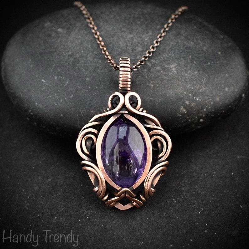 Amethyst pendant, Free flow copper wire wrapped necklace, Unique handmade gift, One of a kind jewelry, Artisan boho jewelry
