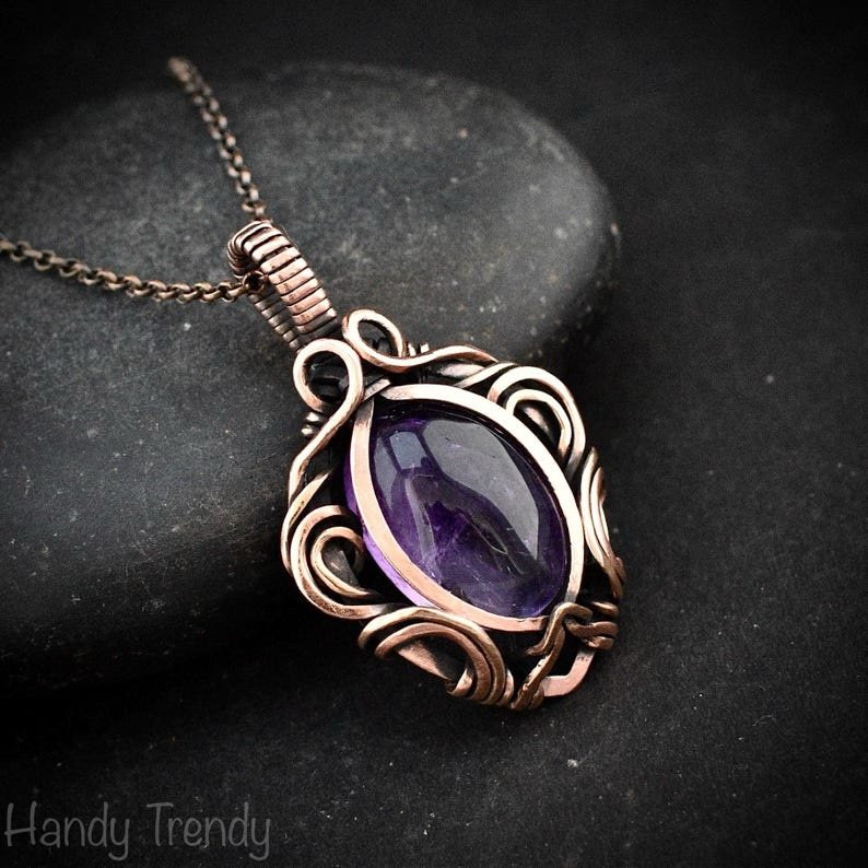 Amethyst pendant, Free flow copper wire wrapped necklace, Unique handmade gift, One of a kind jewelry, Artisan boho jewelry