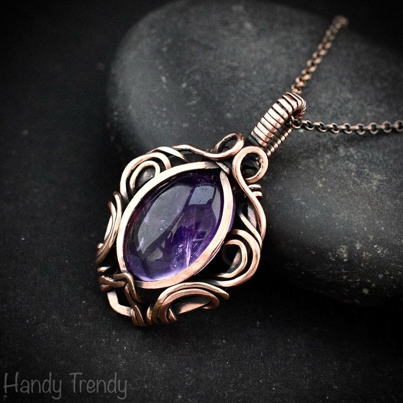 Amethyst pendant, Free flow copper wire wrapped necklace, Unique handmade gift, One of a kind jewelry, Artisan boho jewelry