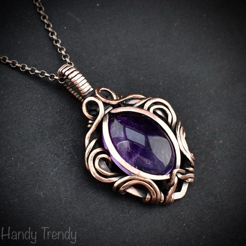 Amethyst pendant, Free flow copper wire wrapped necklace, Unique handmade gift, One of a kind jewelry, Artisan boho jewelry