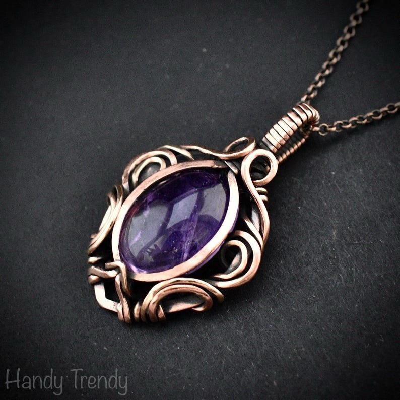 Amethyst pendant, Free flow copper wire wrapped necklace, Unique handmade gift, One of a kind jewelry, Artisan boho jewelry