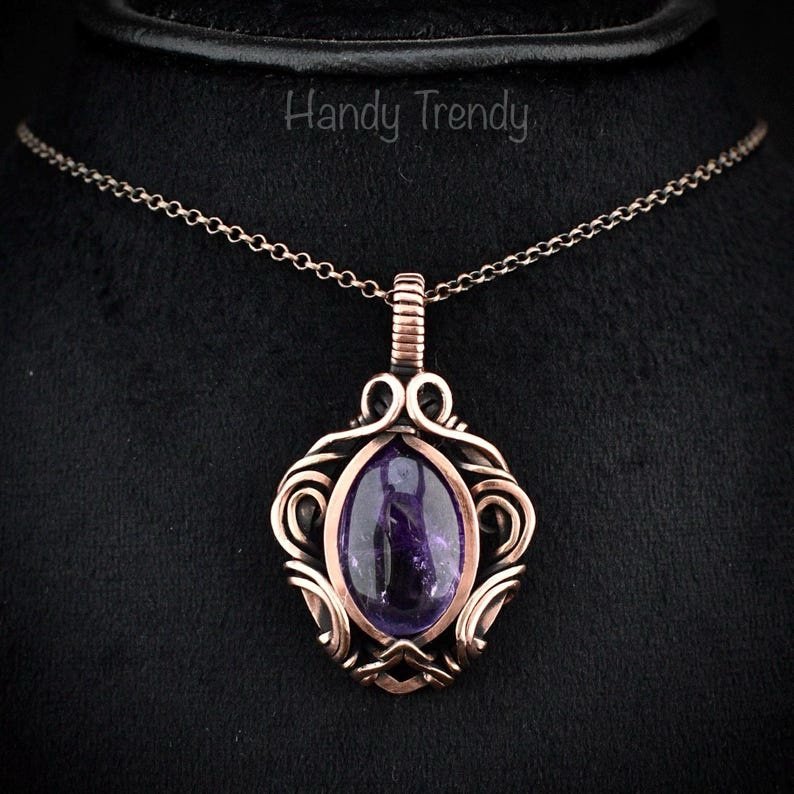 Amethyst pendant, Free flow copper wire wrapped necklace, Unique handmade gift, One of a kind jewelry, Artisan boho jewelry