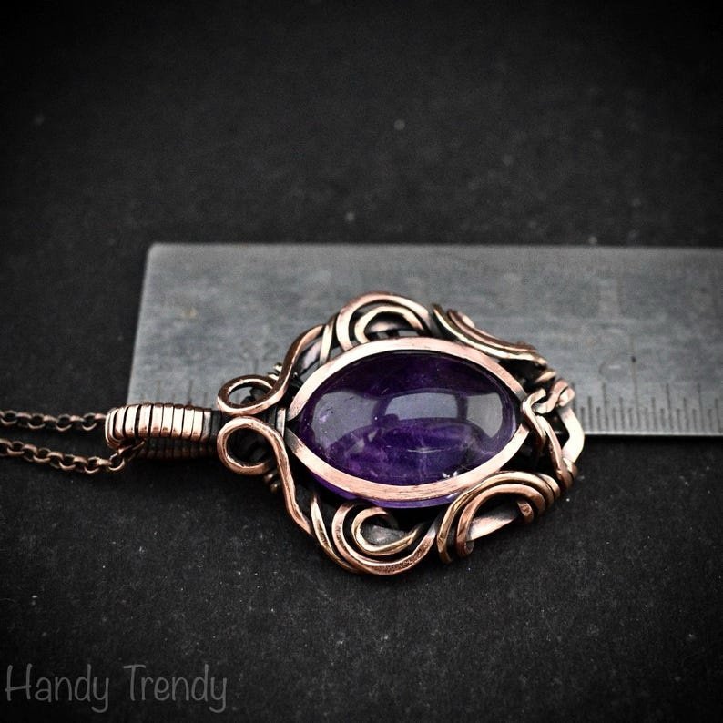 Amethyst pendant, Free flow copper wire wrapped necklace, Unique handmade gift, One of a kind jewelry, Artisan boho jewelry