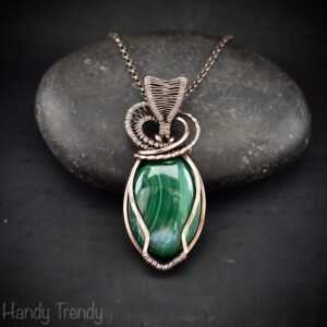 Malachite heart pendant, Copper wire wrapped necklace, Unique handmade gift, One of a kind jewelry, Artisan boho jewelry